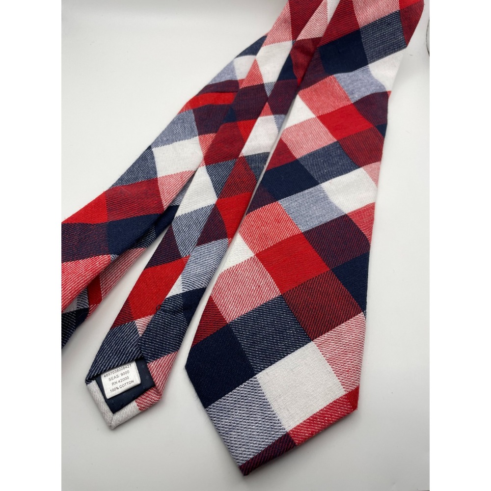 Basic Editions Mens Cotton Necktie Red White Navy Blue Buffalo Plaid Check 3in